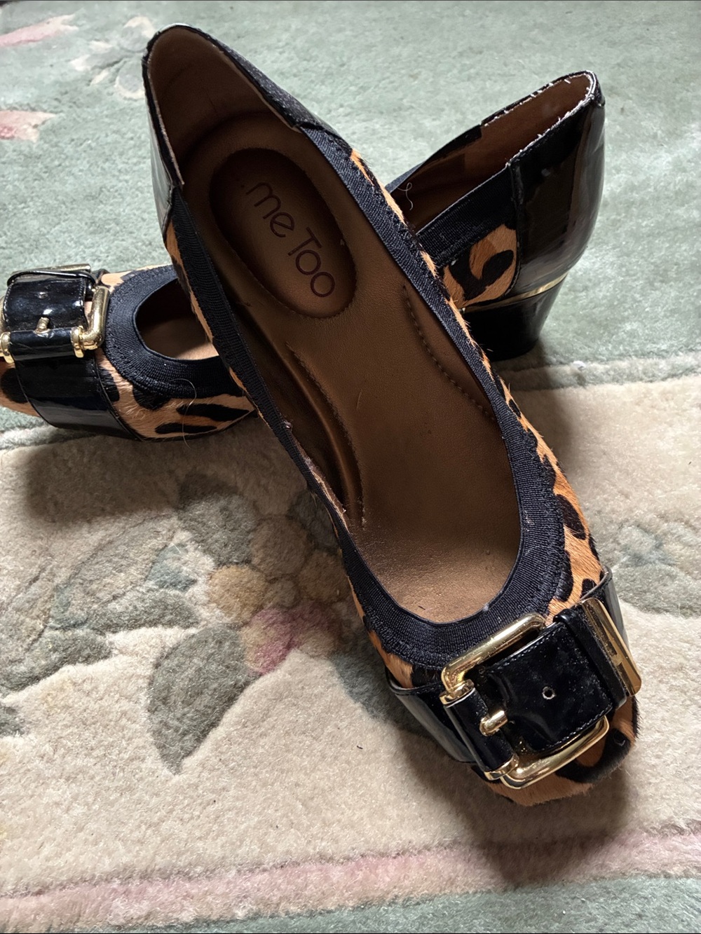 me too Leopard Print and Black Patent Buckle Low Heel Pumps